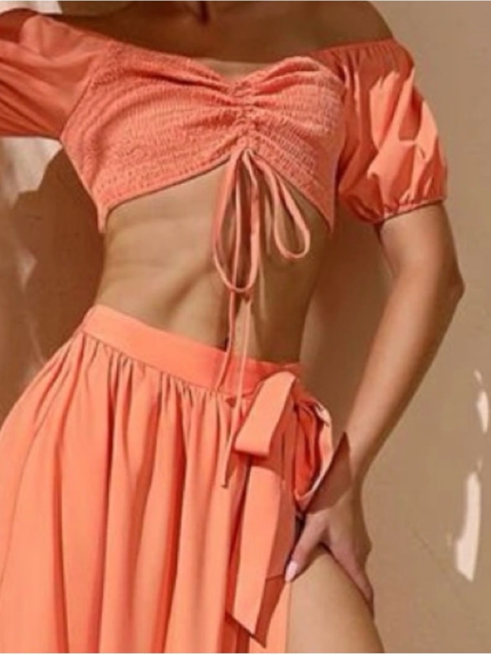 Coral Shirred Drawstring Off Shoulder Crop Top & Split Thigh Ruffle Hem Skirt